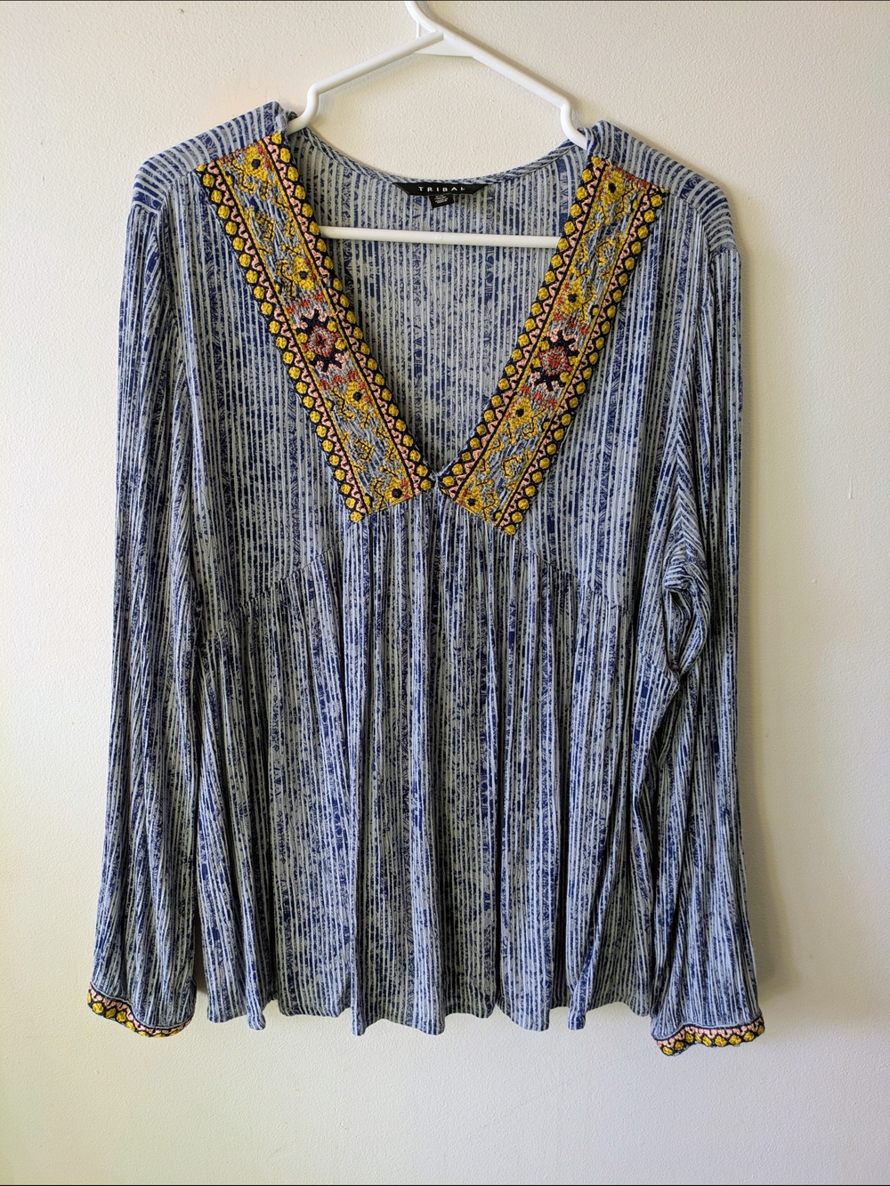 Boho Tribal Blue & White Top with Beautiful Embroidery SZ L
